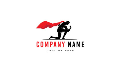 Vector logo on which an abstract image of a superman with a red cloak who kneeled.