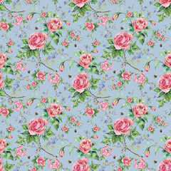 Seamless pattern lovely roses and peonies with foliage