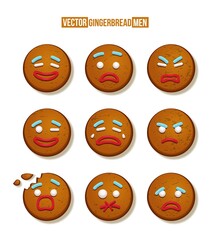 Gingerbread man cookies faces with different emotions set. Christmas candy decoration vector illustration. Happy, cheerful, cute, sad, angry, funny icons. Traditional sweet xmas ginger biscuits