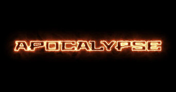 Apocalypse concept written word text heading with firestorm, fire and flames burning characters over black background. 4096x2160 4k DIC prores. Loop able seamless cycle video animation.