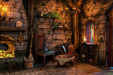 Fantasy Witch Cottage Interior, 3D illustration, 3D rendering

