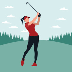 a woman swing golf stick in the golf field - colorful flat illustrations