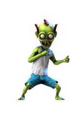 3D rendering of a zombie dancing salsa isolated on a white background. Funny cartoon character for Halloween design.