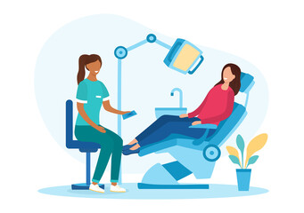 Woman patient in a dentists chair with a female dental assistant or dentist in her surgery, colored vector illustration