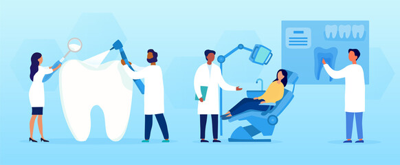 Dentistry concept with tooth treatments showing two dental assistants attending to a large tooth and a patient in a dental surgery, colored vector illustration