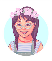 Down Syndrome. Color portrait of a girl with Down Syndrome 4-5 years old, a cute smiling girl with glasses and a wreath of white flowers on her hair. Нand drawn Vector Isolated on white background.