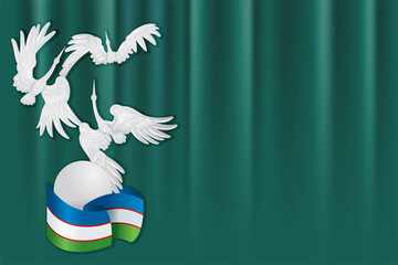 Storks over the globe and the flag of Uzbekistan on Independence square