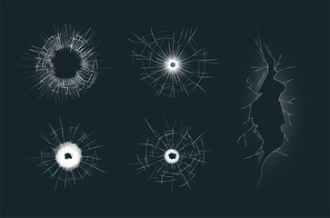 Set of 5 different crack effects showing round penetrations and a long vertical crack surrounded by shattered glass, colored vector illustration