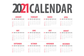 2021 monthly calendar template isolated white color