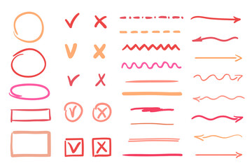 Hand drawn doodle. Colorful outlined elements on isolation background. Elements are drawn in a linear style