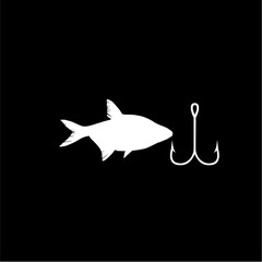 Fishing hook and fish icon isolated on dark background