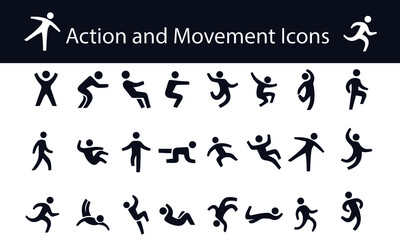  Action and Movement Icons vector design,,People figures in motion, running, walking, jumping vector black icons