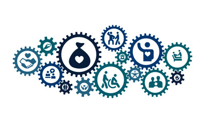 care and love gesture icons with connected gears