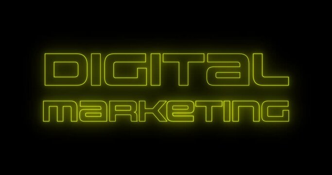 Digital marketing concept written word text heading with neon 80s retrowave glow light style over black background. 4096x2160 4k DIC prores. Loop able seamless cycle video animation.