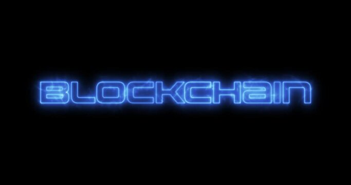 Blockchain concept written word text heading with neon 80s retrowave glow light style over black background. 4096x2160 4k DIC prores. Loop able seamless cycle video animation.