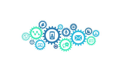 communication and media icons with connected gears for strategy