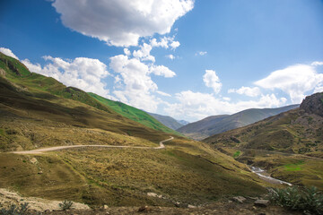 Beautiful landscape in the mountains at summer in daytime. Mountains at the sunset time. Azerbaijan, Caucasus. Khinalig