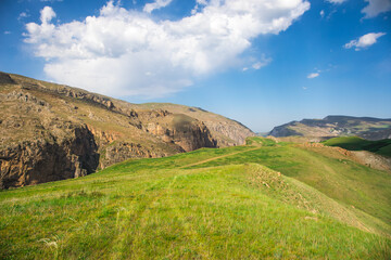 Beautiful landscape in the mountains at summer in daytime. Mountains at the sunset time. Azerbaijan, Caucasus. Khinalig