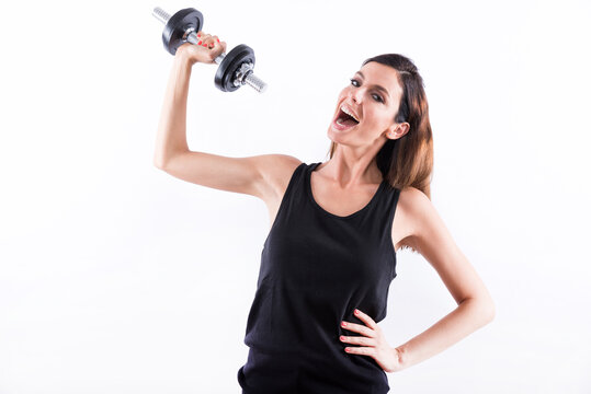 Happy woman lifting weight