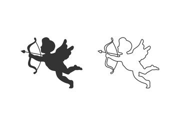 Fototapeta premium Silhouette of an angel, Cupid with a bow and arrows, isolated image. Vector illustration. Line icon set