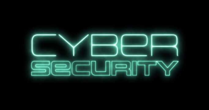 Cyber security concept written word text heading with neon 80s retrowave glow light style over black background. 4096x2160 4k DIC prores. Loop able seamless cycle video animation.