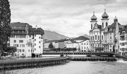 Lucerne view with Jesuit Church, black and white
