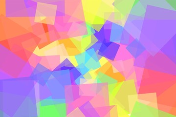 A background of many colored squares of different sizes intersecting with each other. Randomly placed transparent squares create a bright horizontal background. Colorful stock vector illustration