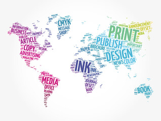 PRINT word cloud in shape of world map, creative business concept background