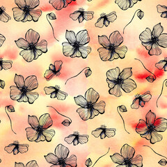 seamless pattero on watercolor texture with line art flowers in vintage style for fabrics, paper, textile, gift wrap 