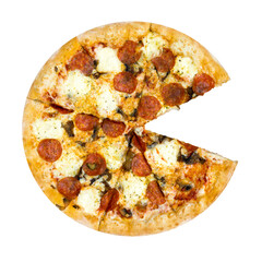 Fresh tasty pizza with pepperoni, cheese and mushrooms isolated on white background without one slice. Top view