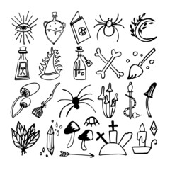 Big set doodle vector elements about esotericist and magic. Hand drawn jars, feathers, cauldron, magic mushrooms, moon, candles, witches broom and other magical symbols. Isolated on white backdrop.