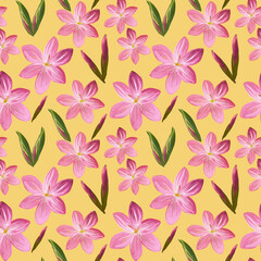 Floral seamless pattern made of flowers Acrilic painting with pink flower buds on yellow background. Botanical illustration for fabric and textile, packaging, wallpaper.