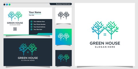 House logo with green nature style and business card design, tree, leaf, logo, Premium Vector