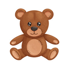 Illustration of a  funny cartoon Teddy Bear toy with texture shadows. On white backgroud