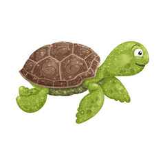 Textured  illustration of cartoon sea turtle. On white background