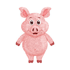 Illustration of a funny cartoon pig in textured style. On white background