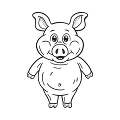 Black and white illustration of a funny cartoon pig. On white background