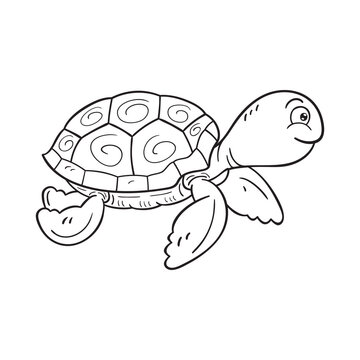 Black and white illustration of cartoon sea turtle. On white background
