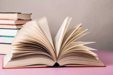 Close-up of open book on the table.