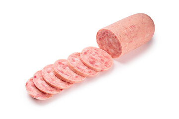 Boiled sausage isolated on white background. Slices.