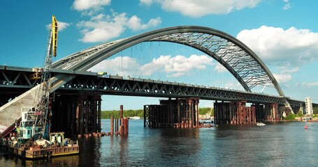 Construction of a new big bridge over a Dnieper river in Kyiv, Ukraine