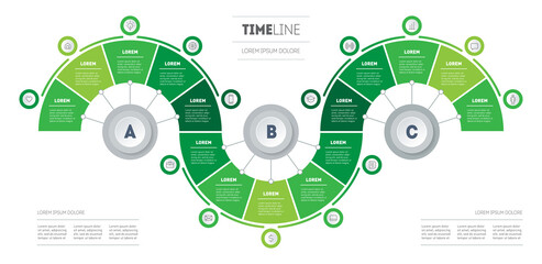 Presentation of Eco Business with fifteen options. Infographic in the form of wave, consisting of 15 parts divided into 3 segments of 5 parts. Diagram of green technology.