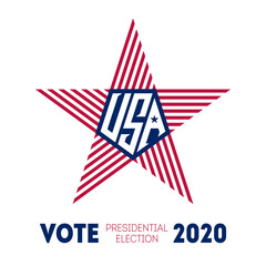 Presidential election 2020 in USA. Election voting poster. Print of t-shirt for  Political election campaign. Stylized star with american flag colors, symbols and lettering.