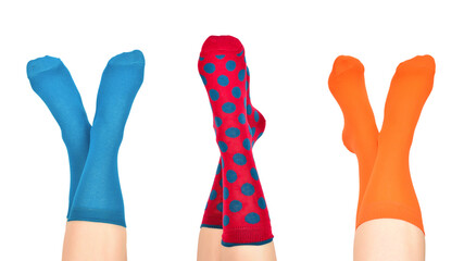 Woman in blue socks isolated on white background. Top view.