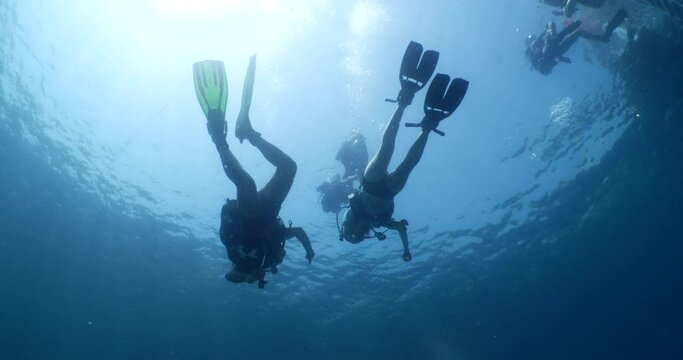 beginner scuba divers learning to dive in blue water underwater scenery of a lady and teacher