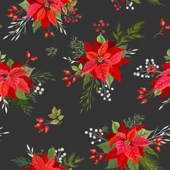 Gordijnen Poinsettia Christmas naadloze patroon met Winter Maretak, takken van Rowan boom met bessen, hulst bladeren. Aquarel bloemen vectorillustratie voor inpakpapier, textiel, print, behang © wooster