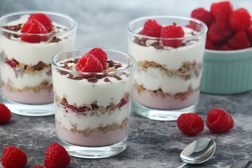 Granola with yogurt trifles with raspberry