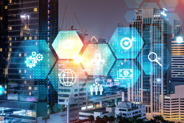 Research and technological development glowing icons. Night panoramic city view of Bangkok. Concept of innovative activities expanding new services or products in Asia. Double exposure.