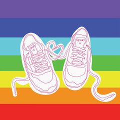 pair of fashionable sneakers on a rainbow background. vector fashion illustration.