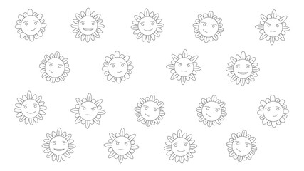 doodle sunflower illustration for print black and white, covering, fabric style, art, kids illustration, pattern, no background, set of flowers